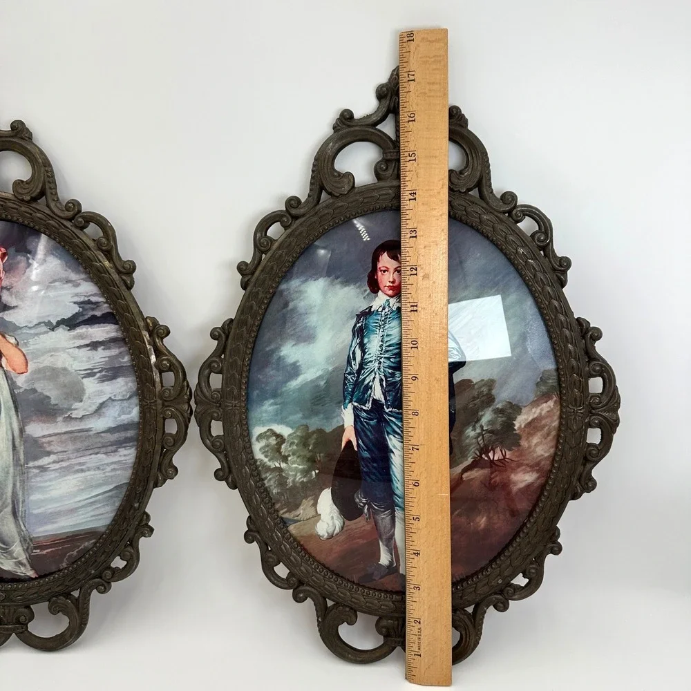 Vtg Italian Blue Boy & Pinkie Bubble Glass Ornate Metal Wall Plaques Pair 17.5
